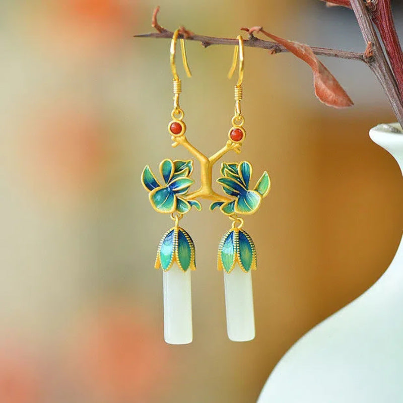 Flower S925 Silver Embeded Jade Eardrops Antique Earrings