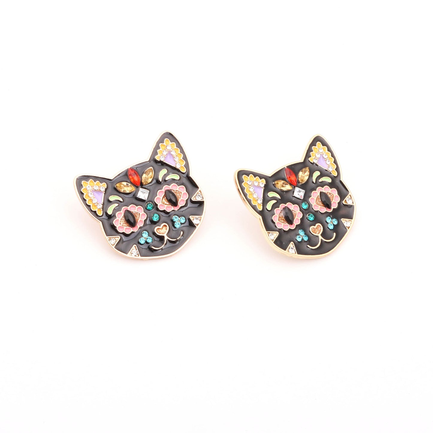 Boucles d'oreilles créatives à la mode, couleur goutte à goutte d'huile, chat noir incrusté de strass