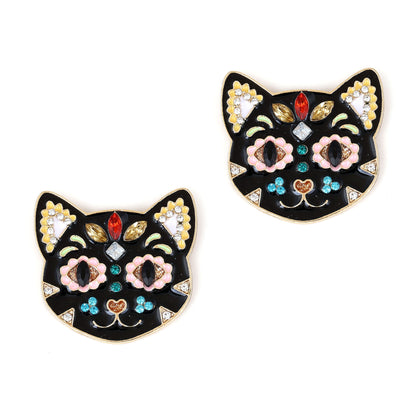 Boucles d'oreilles créatives à la mode, couleur goutte à goutte d'huile, chat noir incrusté de strass