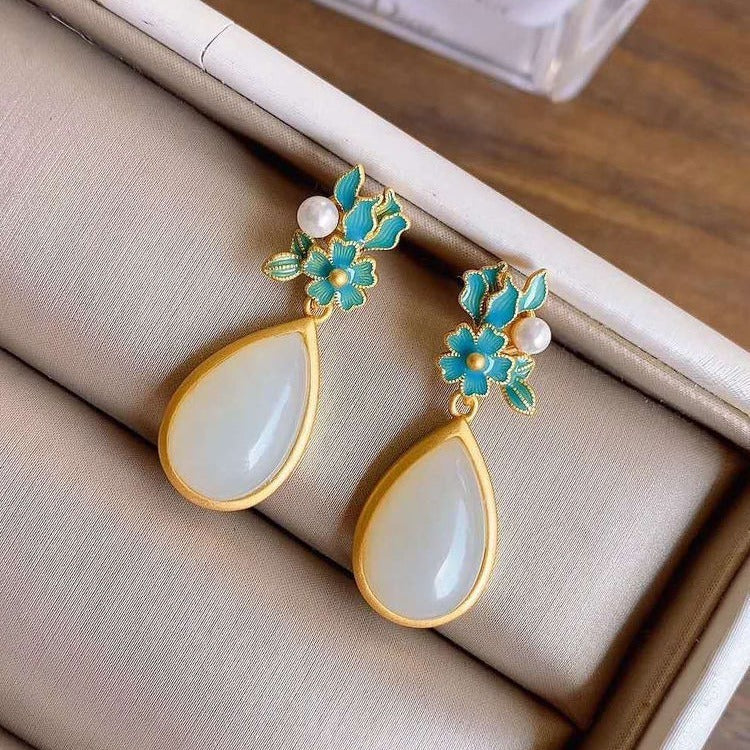 White Jade Drop-shaped Women's Long Earrings