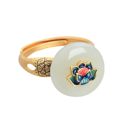 Gold Inlaid Hetian Jade Enamel Lotus Open Ring For Women