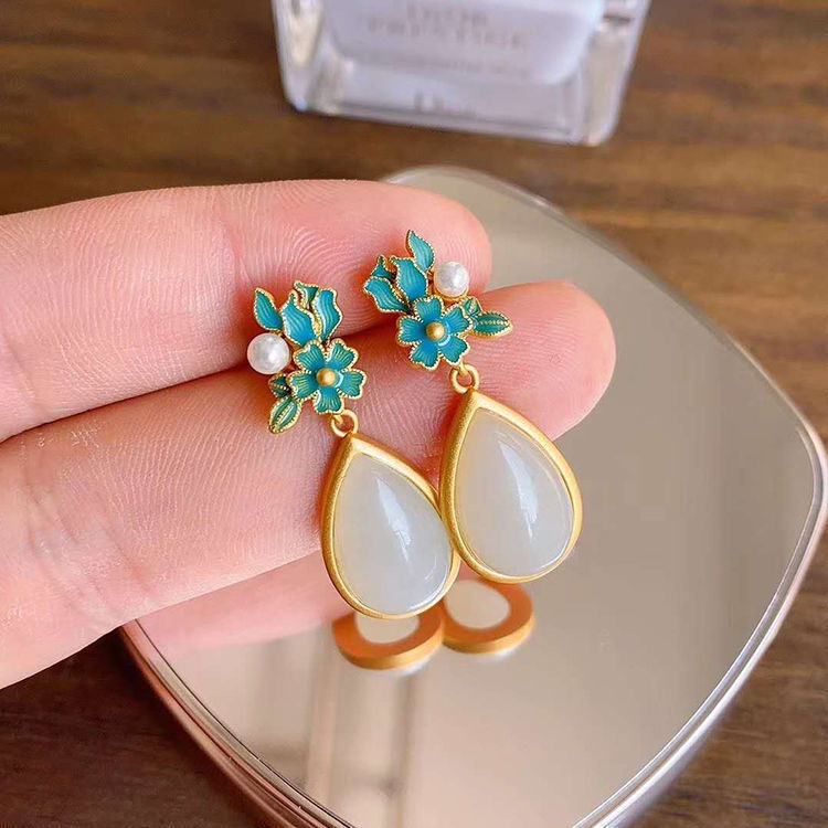 White Jade Drop-shaped Women's Long Earrings