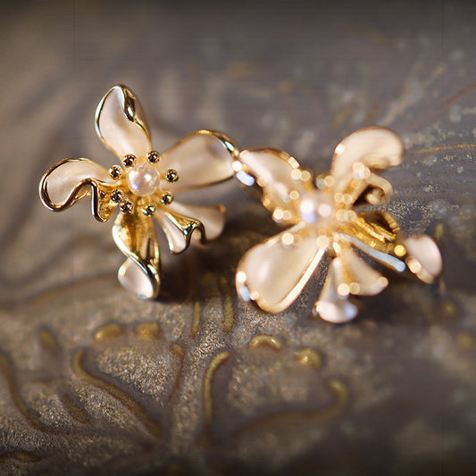 18K gold-plated enamel Pearl flower stud earrings