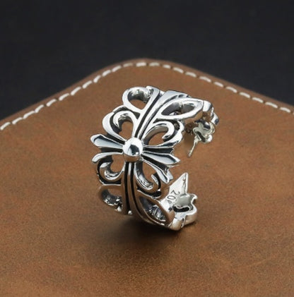 Bague en argent sterling S925 avec croix et fleur