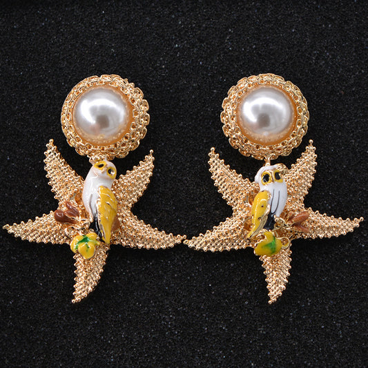 Enamel Starfish Pearl Fashion Earrings