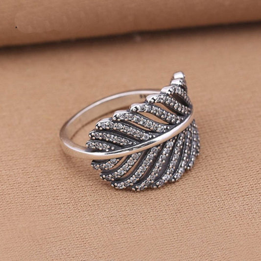 S925 Sterling Silver Inlaid Banana Leaf Ring