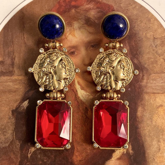 Vintage Natural Lapis Lazuli Old Brass Earrings