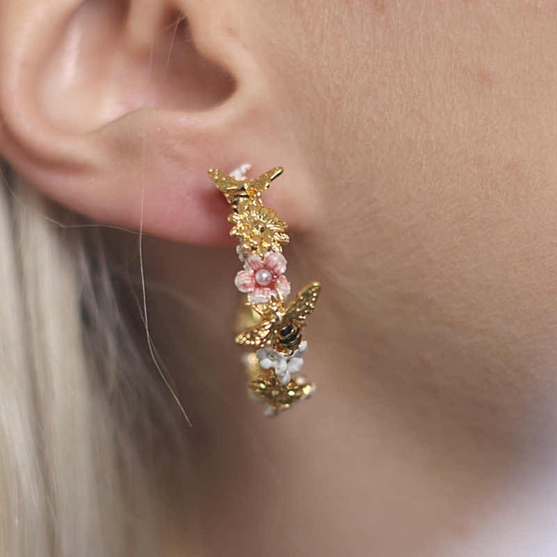 18k Gold Enamel Hand Painted Flower Bee Set