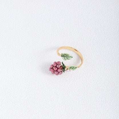 Hand Painted Enamel Glaze Purple Pearl Raspberry Flower Green Leaf Open Ring