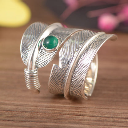 S925 Inlaid Green Agate Feather Ring