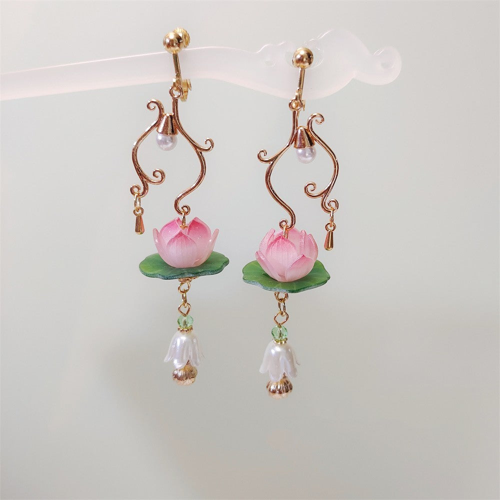 Boucles d'oreilles à épingles à cheveux en forme de lotus à pampilles antiques