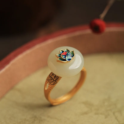 Gold Inlaid Hetian Jade Enamel Lotus Open Ring For Women