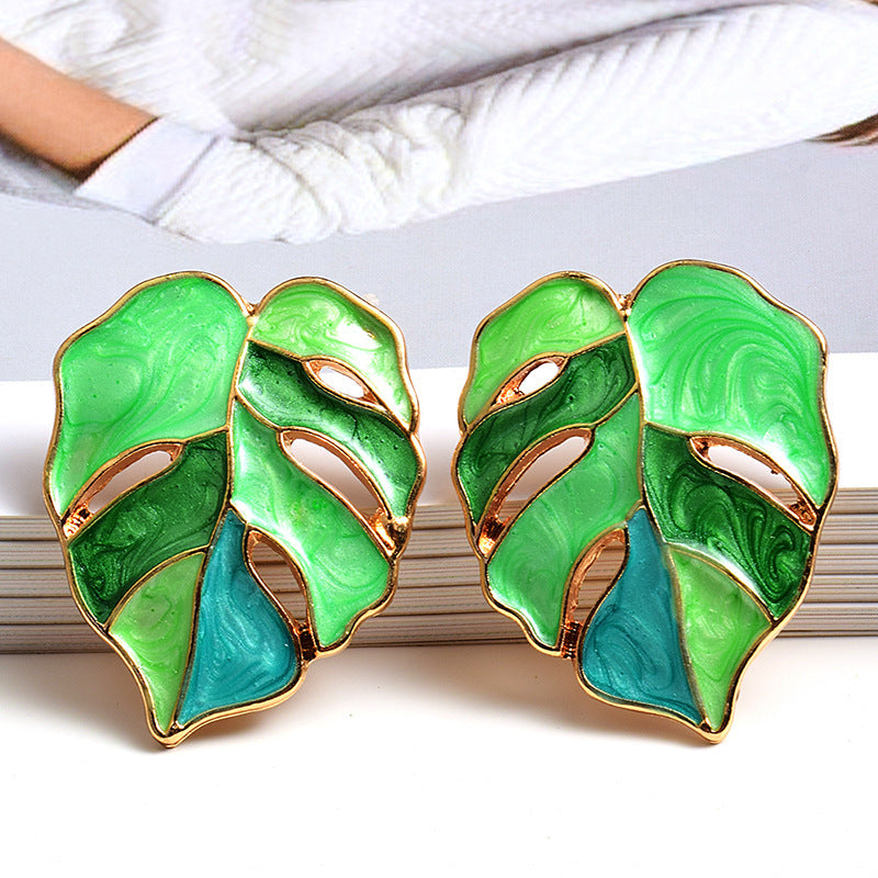 Fashion Alloy Enamel Leaf Dripping Metal Earrings