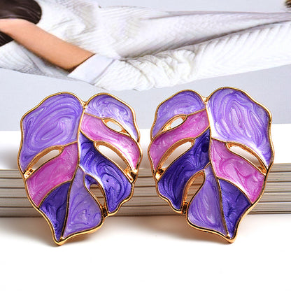 Fashion Alloy Enamel Leaf Dripping Metal Earrings