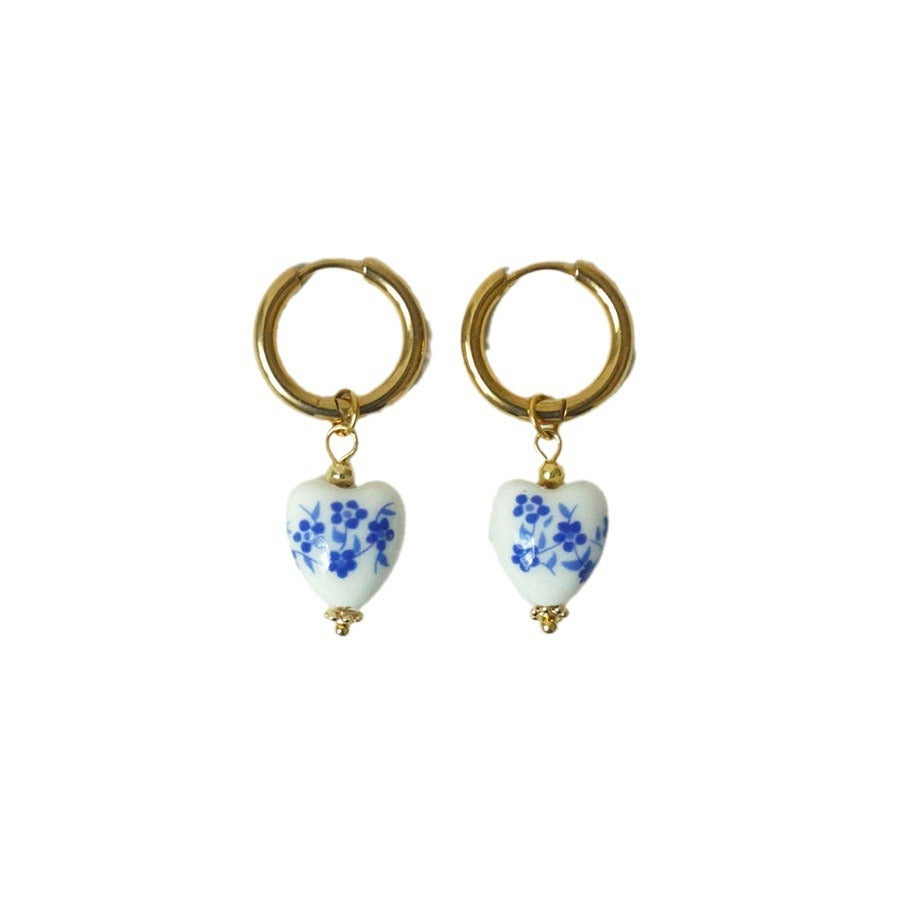 Collier en porcelaine bleue et blanche en forme de cœur de style chinois rétro pour femmes, boucles d'oreilles sauvages élégantes en acier titane