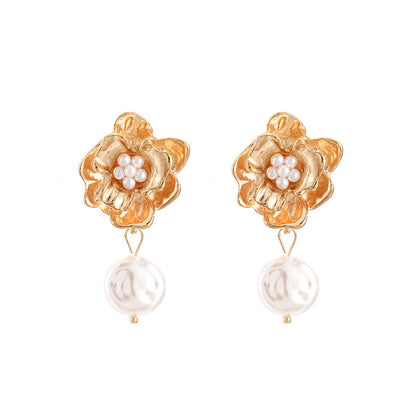 Boucles d'oreilles pendantes en alliage de perles et de fleurs pour femmes