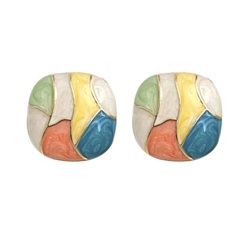 Silver Needle Cool Contrast Color Oil Painting Style Stud Earrings Retro