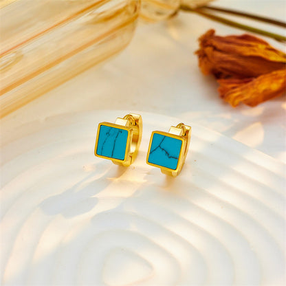 Fashion Special-interest Retro Simple Square Geometric Turquoise Titanium Steel Earrings