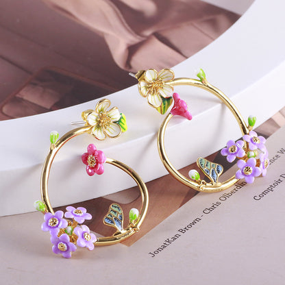 Mori Style Hand Painted Enamel Glaze Flower Romantic Butterfly Detachable Dual-use Earrings