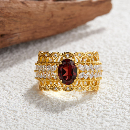 Gold plated S925 Sterling Silver Inlaid Pomegranate Vintage Lace Ring