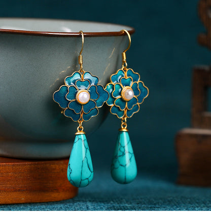 Boucles d'oreilles vintage Camellia Tian-Tsui en perles turquoise