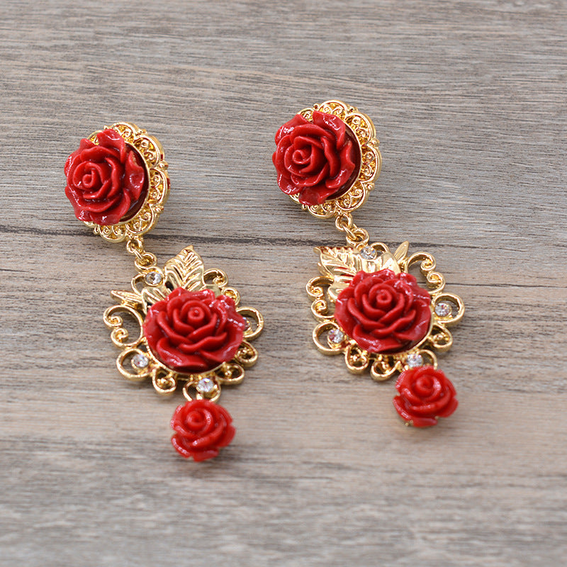 Baroque Vintage Court Style Fashion Red Earrings Women