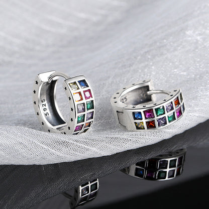 Boucles d'oreilles carrées en argent sterling S925 avec zircon arc-en-ciel coloré