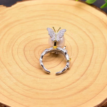 925 Silver Natural Freshwater Pearl Vintage Butterfly Ring