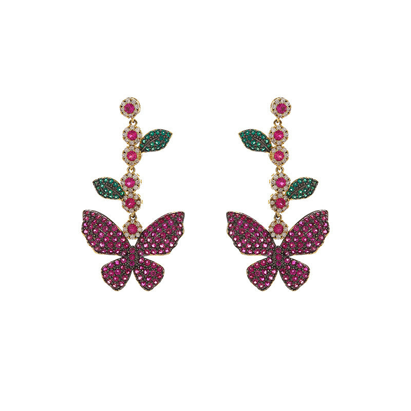 Personality Super Fairy Butterfly Earrings Micro-inlaid Zircon Leaf Flower Long Tassel Earrings Temperament Goddess