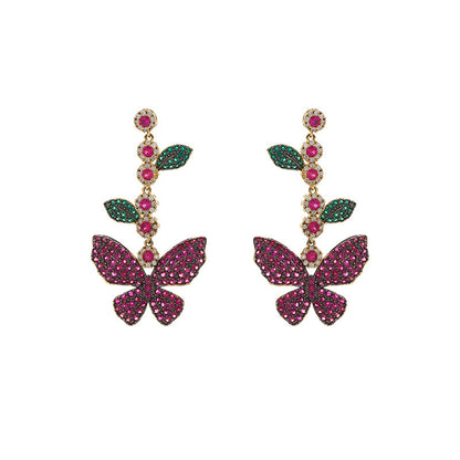 Personality Super Fairy Butterfly Earrings Micro-inlaid Zircon Leaf Flower Long Tassel Earrings Temperament Goddess