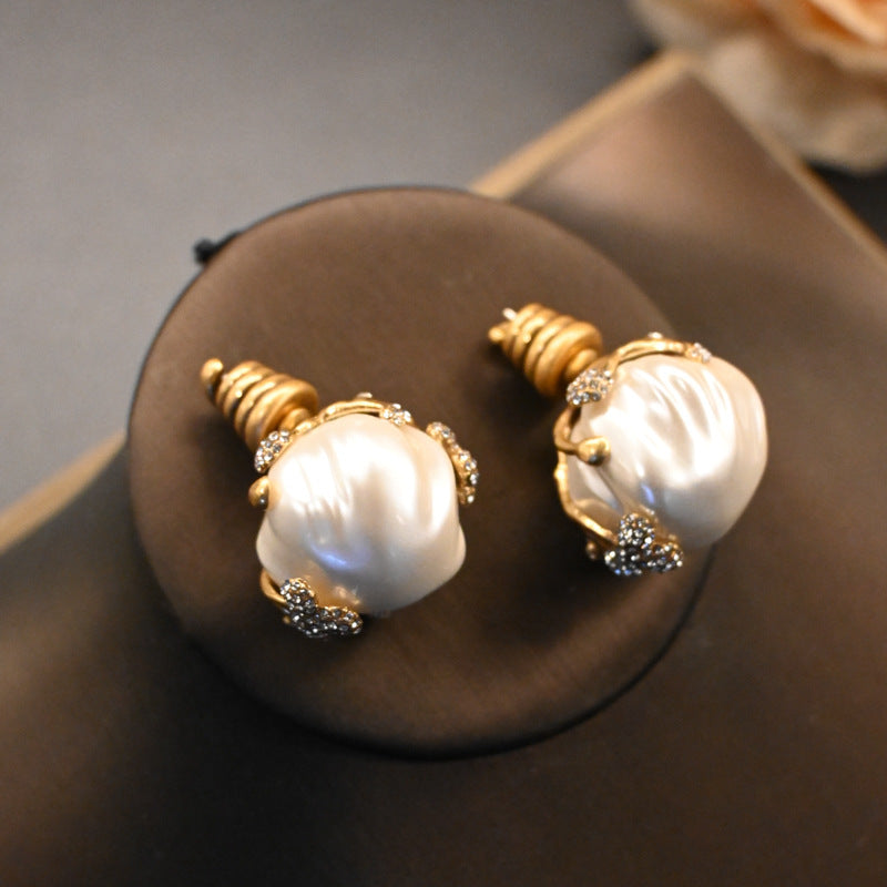 Vintage Brass Inlaid Baroque Pearl Bud Earrings And Ring