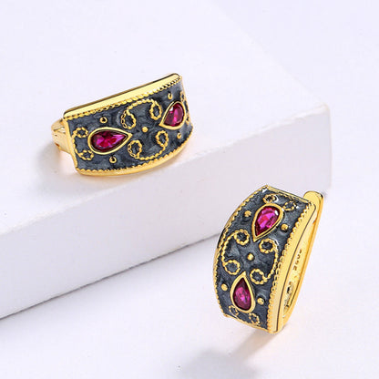 Ruby Gold Plated Earrings Vintage Enamel Two-tone