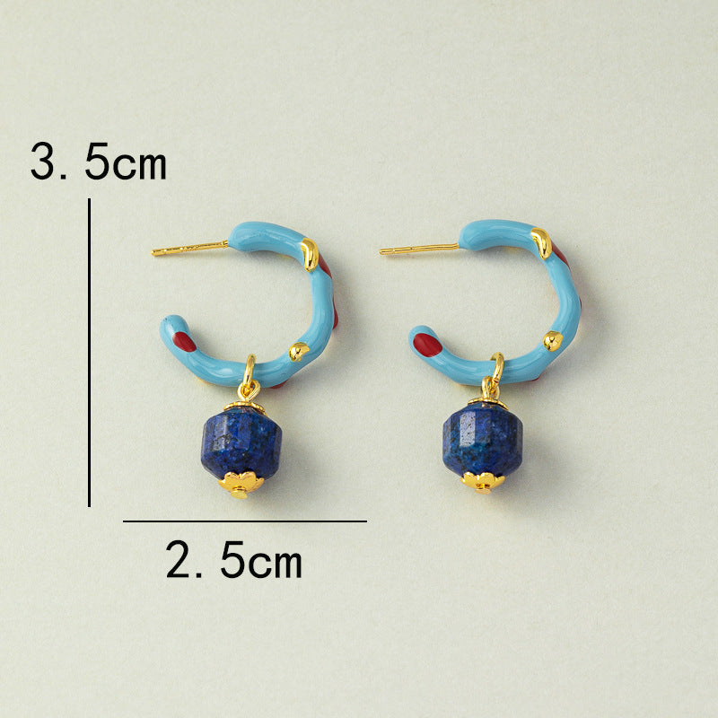 Coral Enamel Glaze Natural Lapis Lazuli Earrings