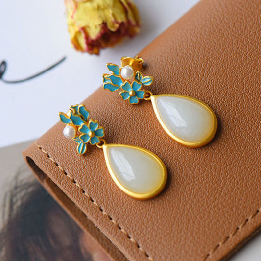 White Jade Drop-shaped Women's Long Earrings