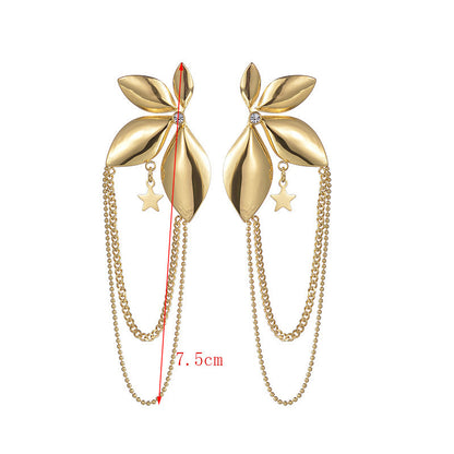 Long Flower Studded Diamond Tassel Stainless Steel Earrings