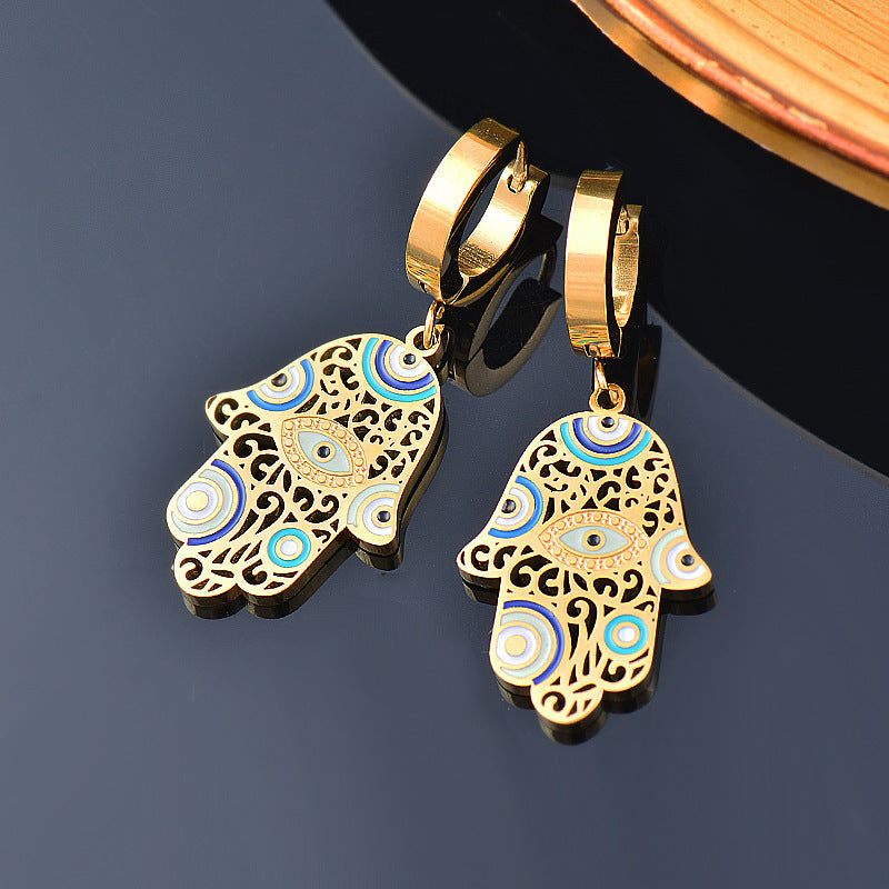 18k gold plated Buddha Hand Enamel Craft Blue Eyes Hollow Stainless Steel Earrings