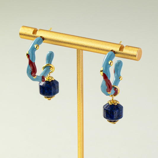 Coral Enamel Glaze Natural Lapis Lazuli Earrings