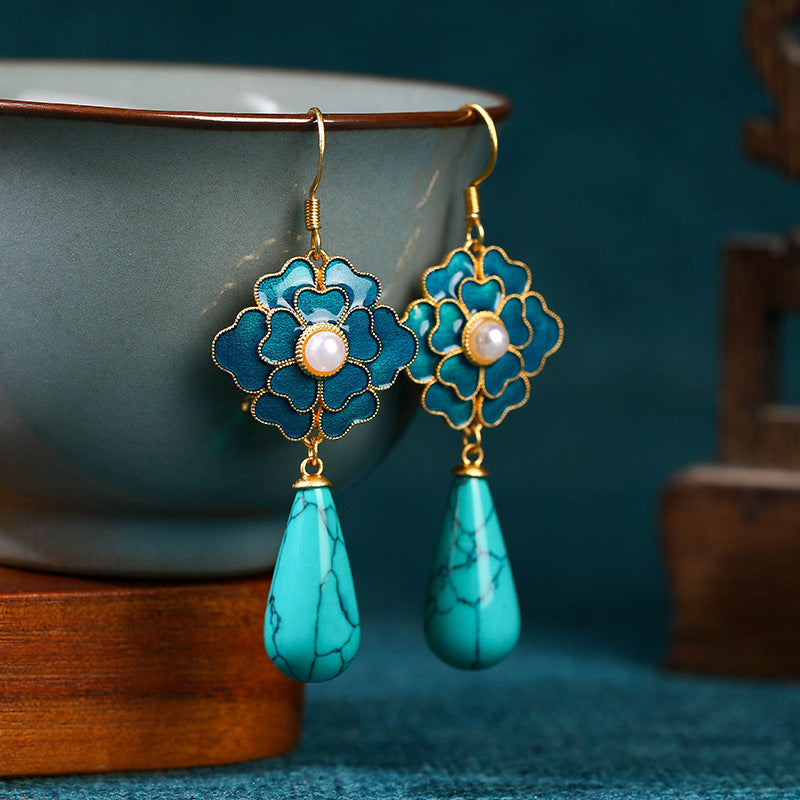 Boucles d'oreilles vintage Camellia Tian-Tsui en perles turquoise