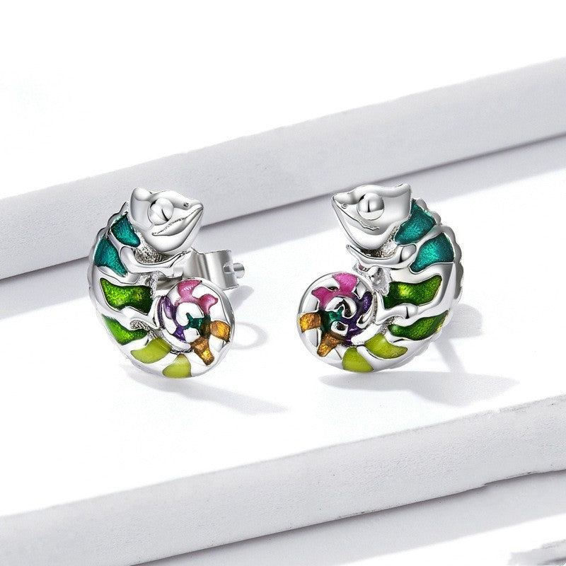 S925 Platinum Plated Chameleon Drop Oil Stud Earrings