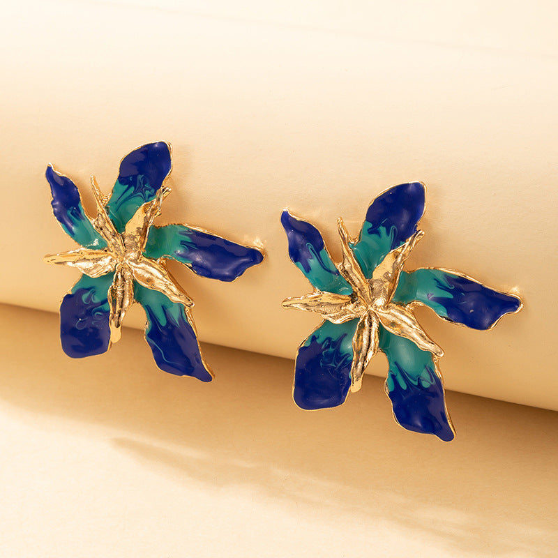 Enamel Drip Oil Big Flower Stud Earrings