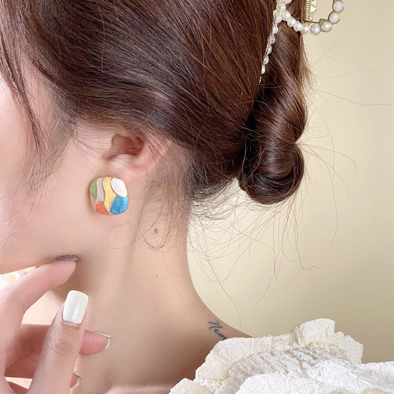 Silver Needle Cool Contrast Color Oil Painting Style Stud Earrings Retro