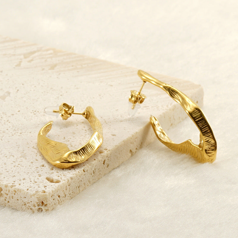 18K Gold plated Titanium Steel Irregular Wood Texture Earrings 