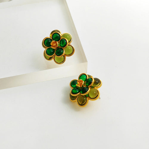 Art Nouveau Gold Plated Silver Green Flower Silver Needle Earrings