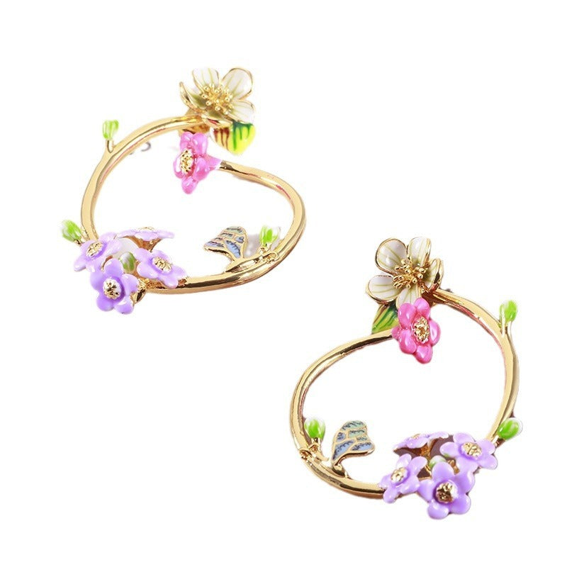 Boucles d'oreilles détachables à double usage en forme de papillon et de fleur en émail peint à la main plaqué or