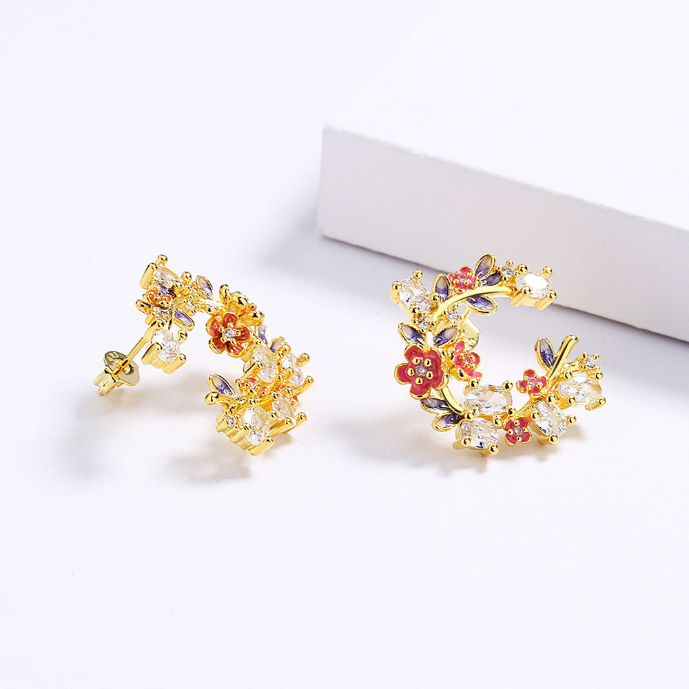 Boucles d'oreilles en émail avec gouttes et fleurs de papillon pour femmes