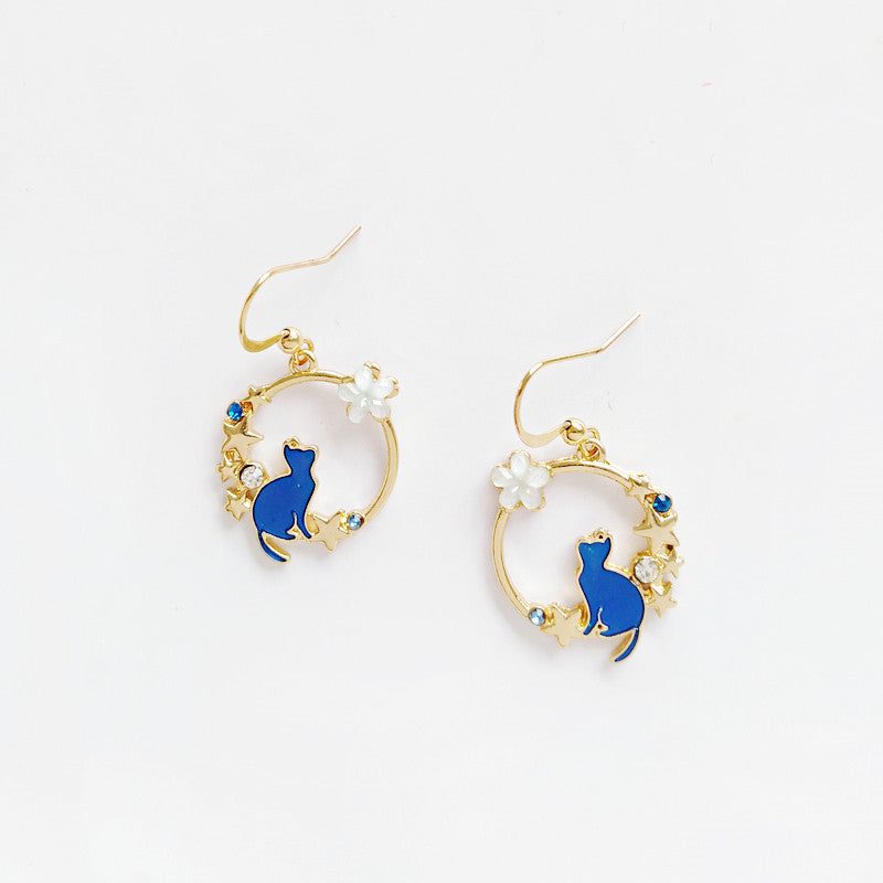 Cute Blue  Kitten Earrings Simple Drip Oil