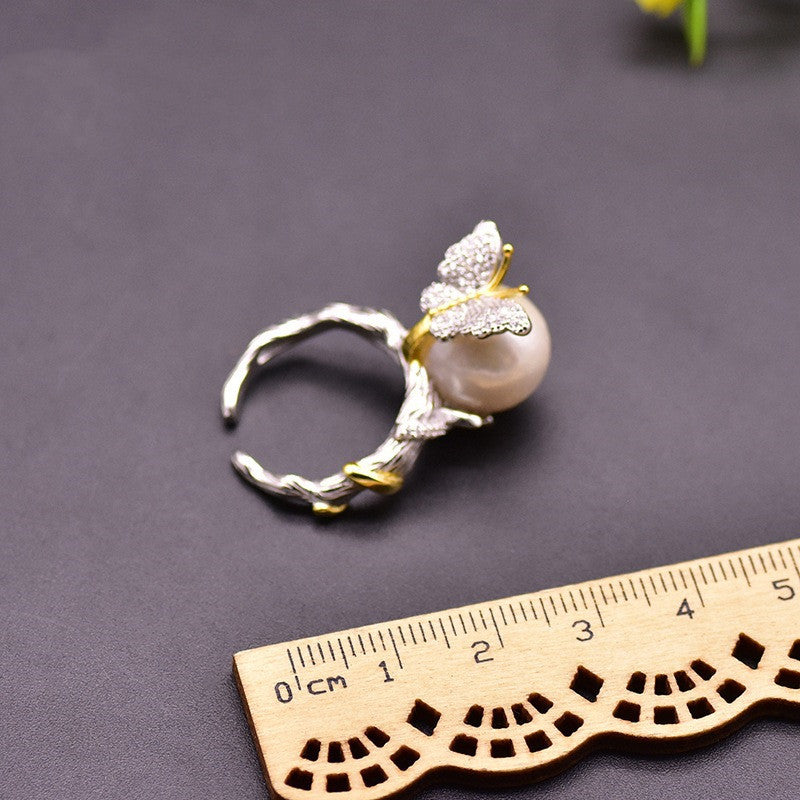 925 Silver Natural Freshwater Pearl Vintage Butterfly Ring