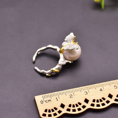 925 Silver Natural Freshwater Pearl Vintage Butterfly Ring