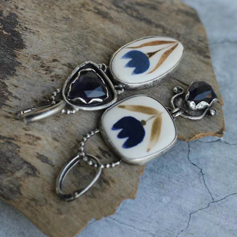 Geometric Enamel Jeweled Earrings Creative Dark Blue