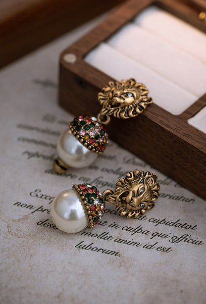 Boucles d'oreilles femme tête de lion perles vintage